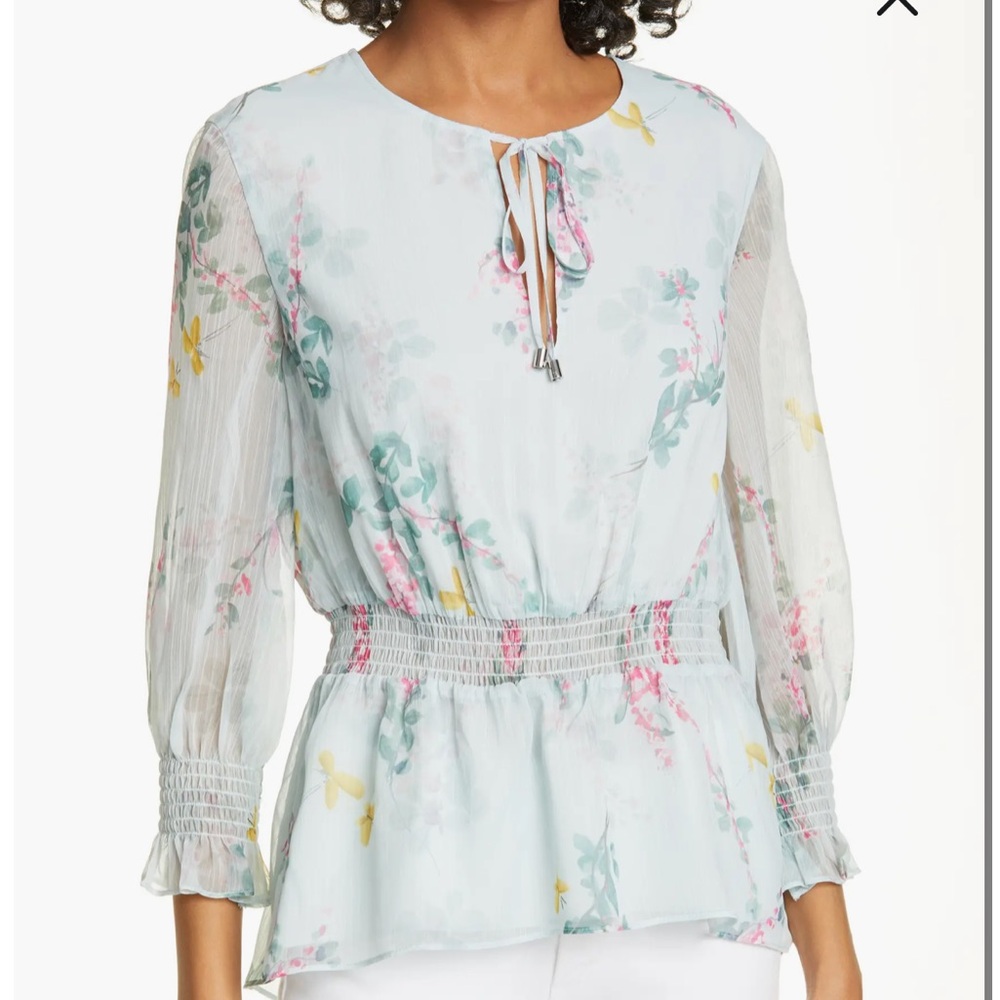 Ted Baker London Light Blue Floral Tie-Neck Blouse